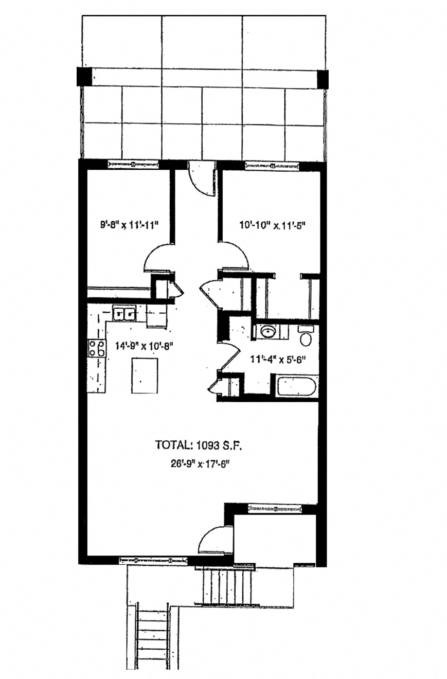 Floor plan for 2 beds, 1 bath, 1093 sqft